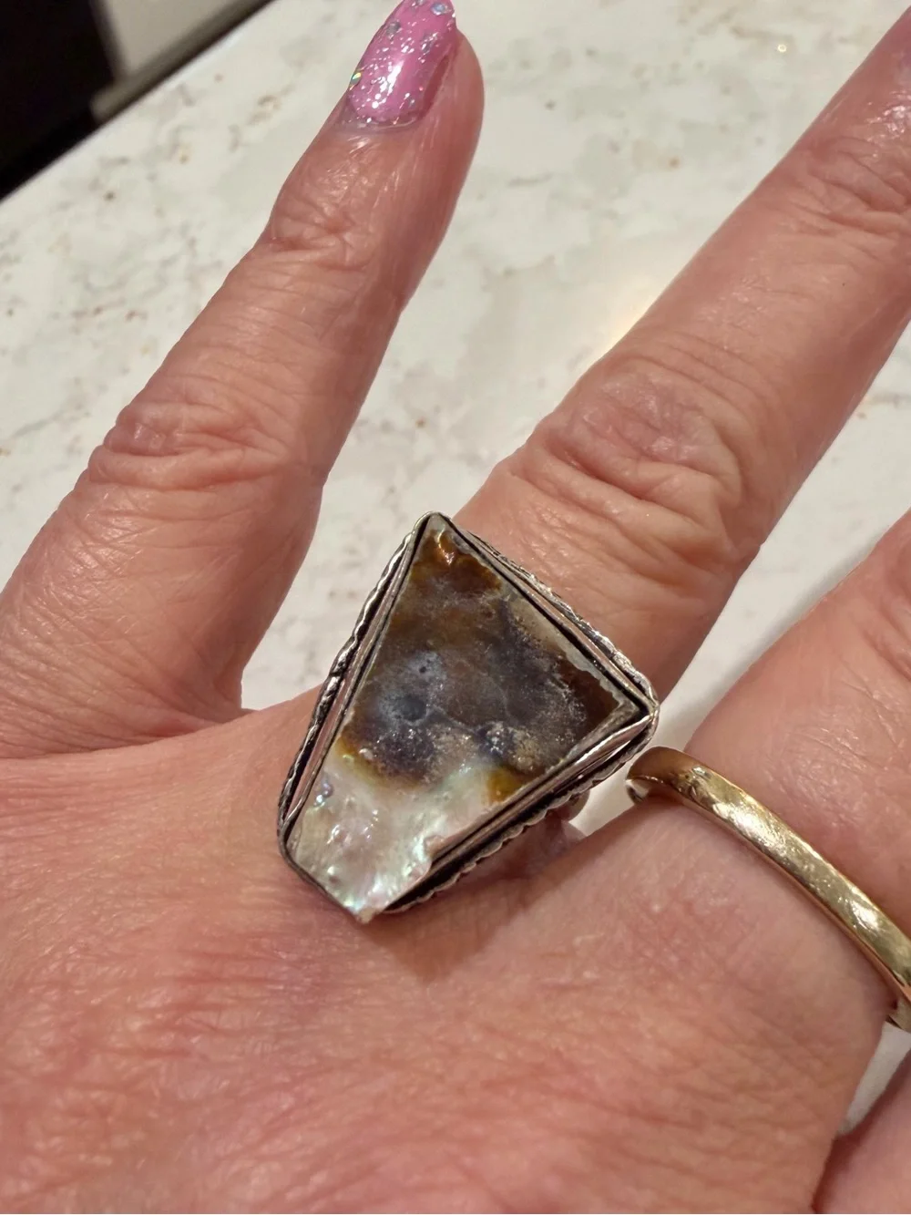 Vintage 925 Sterling Silver Fire Agate Triangle Statement Ring - Size 6